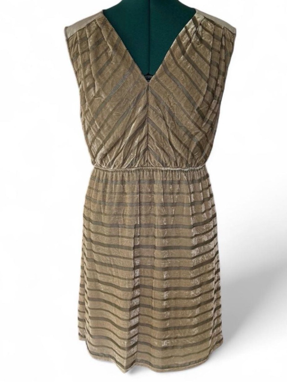 Aryn K Metallic Taupe Striped V-Neck Mini Dress